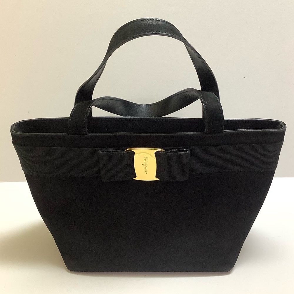 Salvatore Ferragamo Suede Vera Bow Top Handle Bag Black